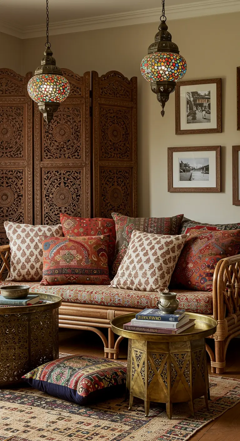 Salón de inspiración marroquí con diván de bambú, cojines étnicos y lámparas de mosaico.