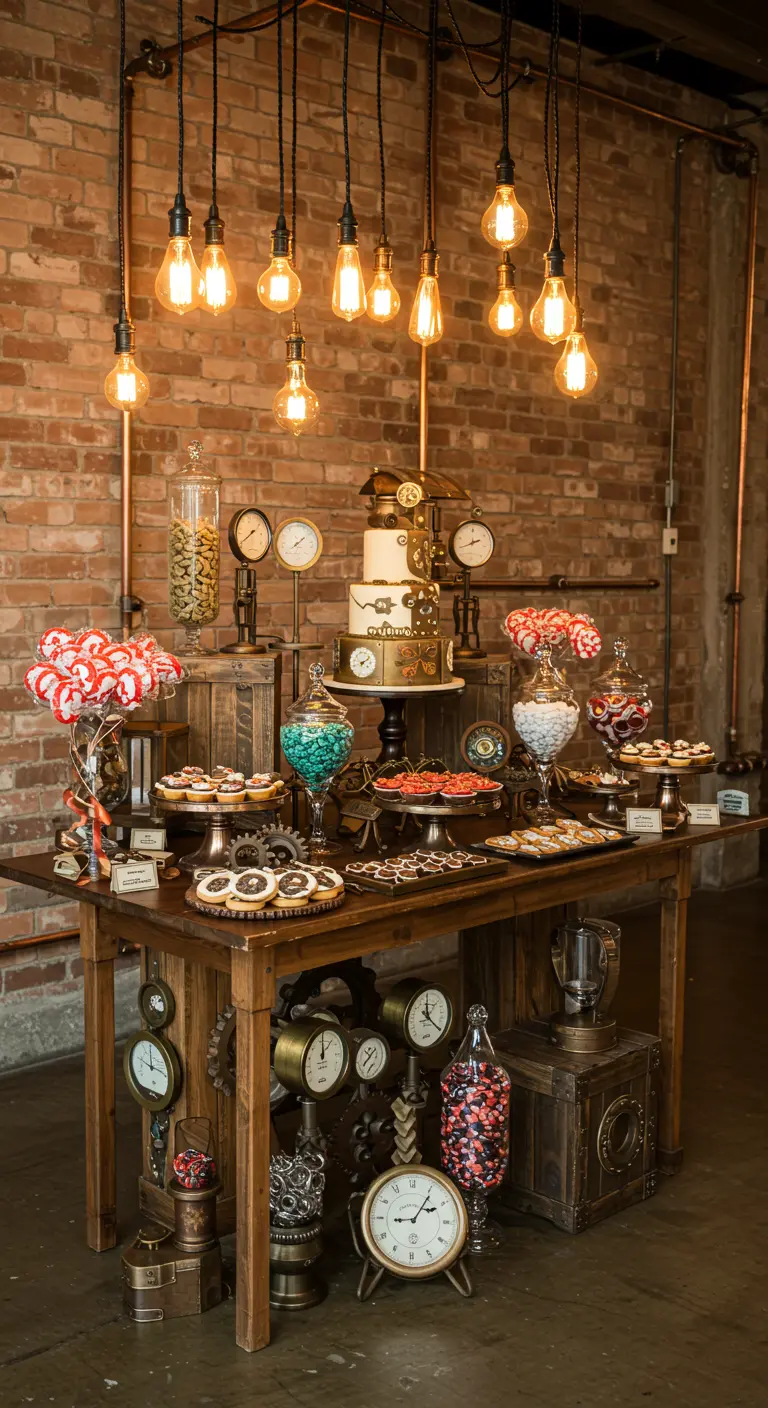 Mesa de dulces Steampunk con engranajes, relojes antiguos y bombillas Edison colgantes.