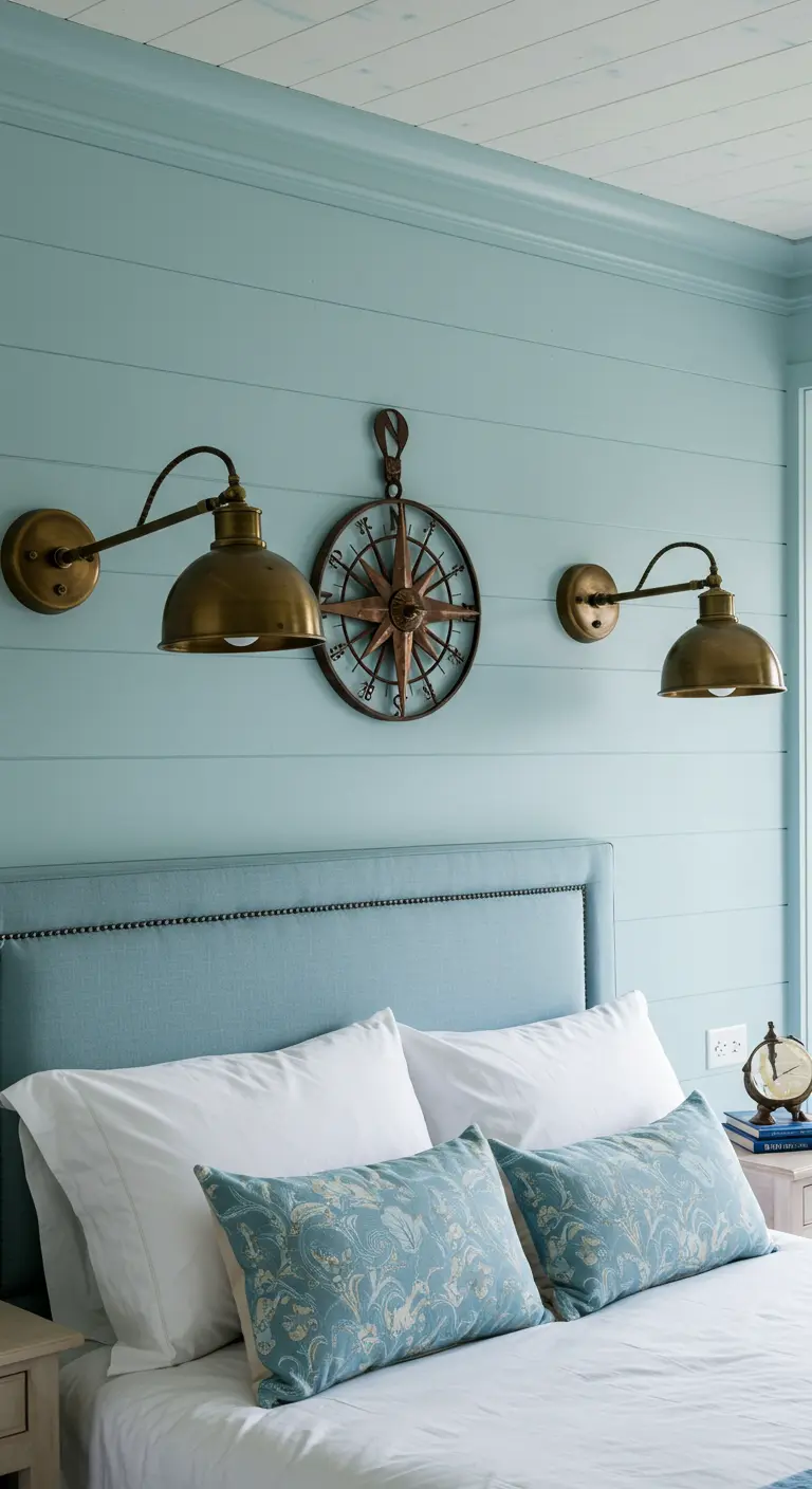 Apliques de latón y una brújula decorativa sobre un cabecero azul en un dormitorio náutico.