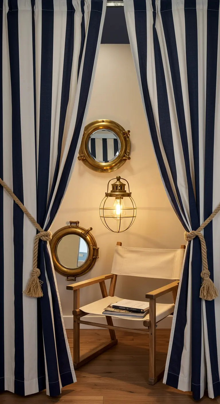 Rincón de lectura de estilo náutico con cortinas de rayas, espejos ojo de buey y cuerda
