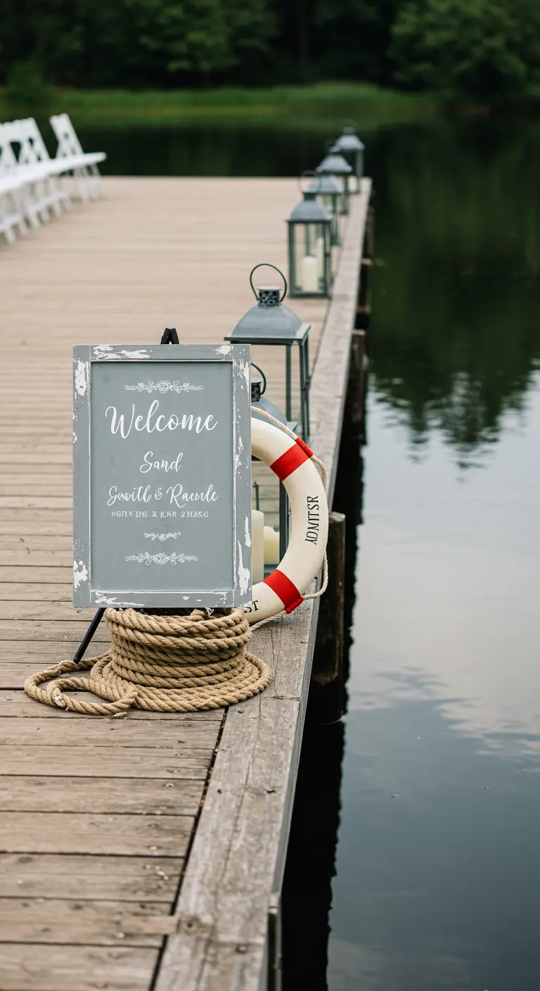 Cartel de bienvenida de estilo náutico en un muelle con cuerda y un salvavidas.