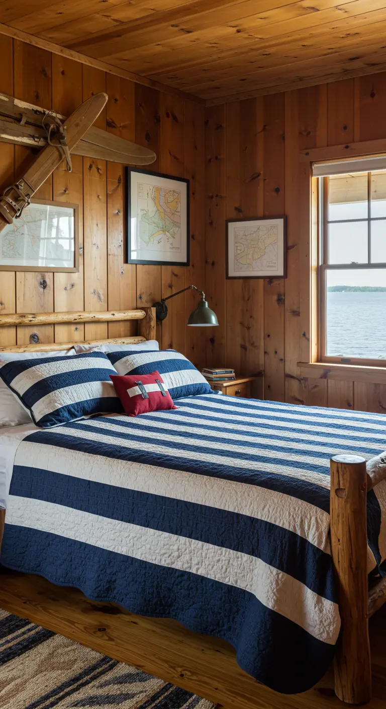 Dormitorio rústico con paredes de madera y ropa de cama a rayas azul marino y blanco.