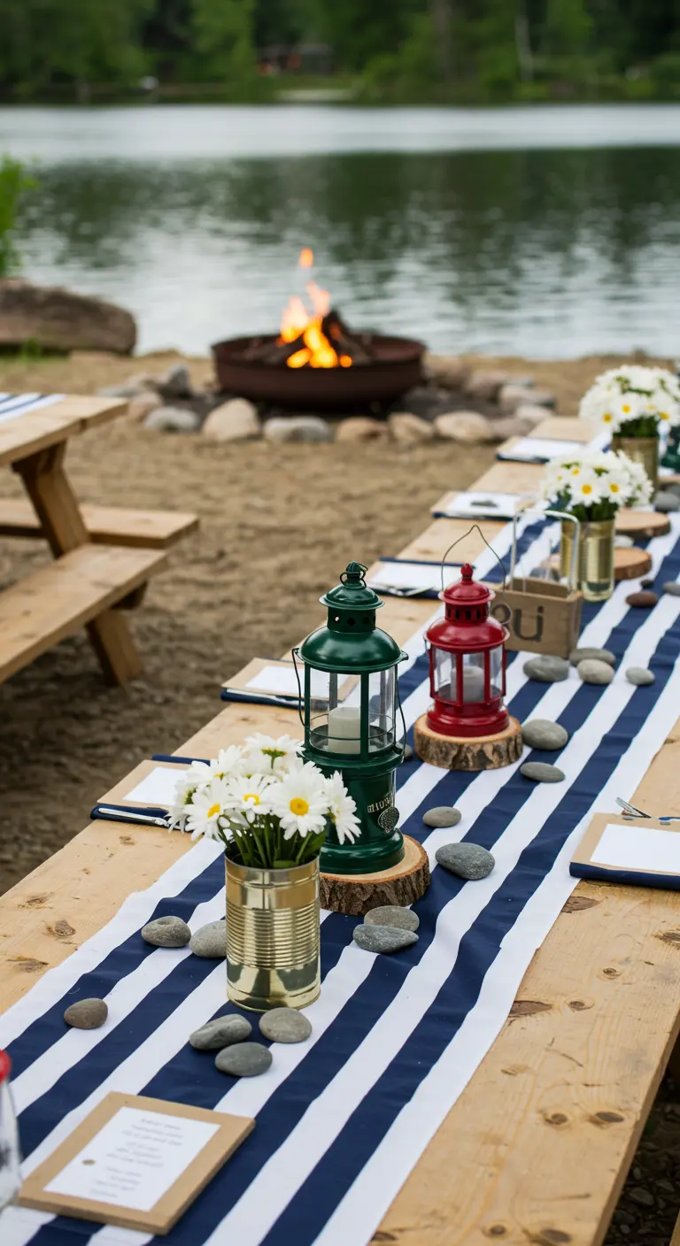 Mesa de picnic junto a un lago, decorada con un camino de rayas, farolillos y flores en latas.