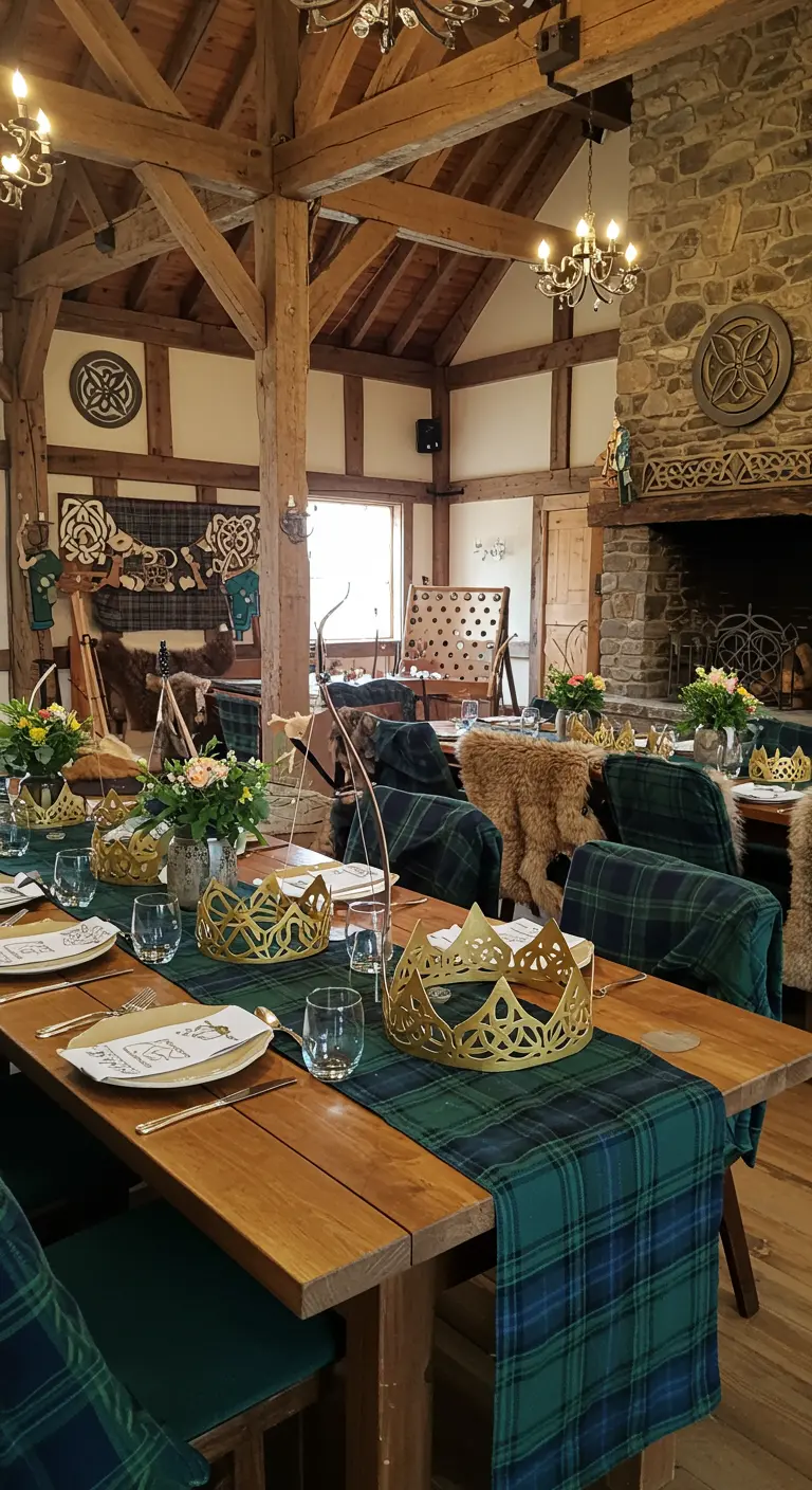 Mesa de banquete rústica con camino de mesa de tartán y coronas doradas.