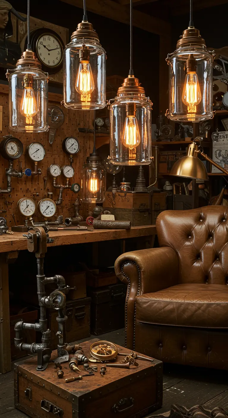 Lámparas colgantes de estilo steampunk hechas con frascos grandes y accesorios de tubería de cobre.
