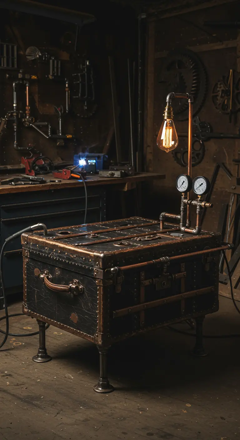 Maleta de estilo steampunk con tuberías de cobre, manómetros y una bombilla Edison.