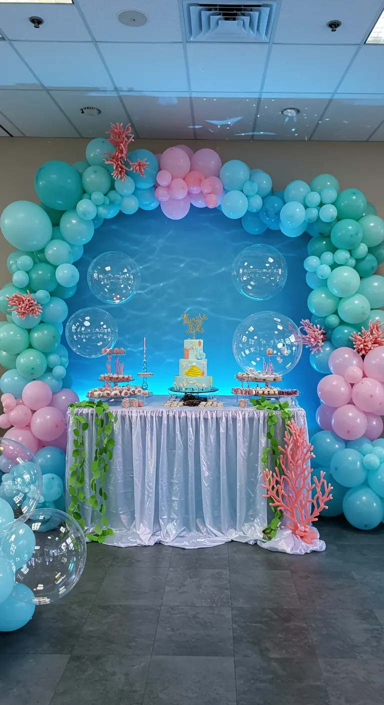 Arco de globos azul y rosa con temática marina, burbujas transparentes y corales.
