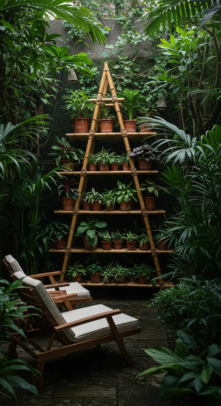 Estantería alta de bambú en forma de A, rodeada de exuberante vegetación tropical.