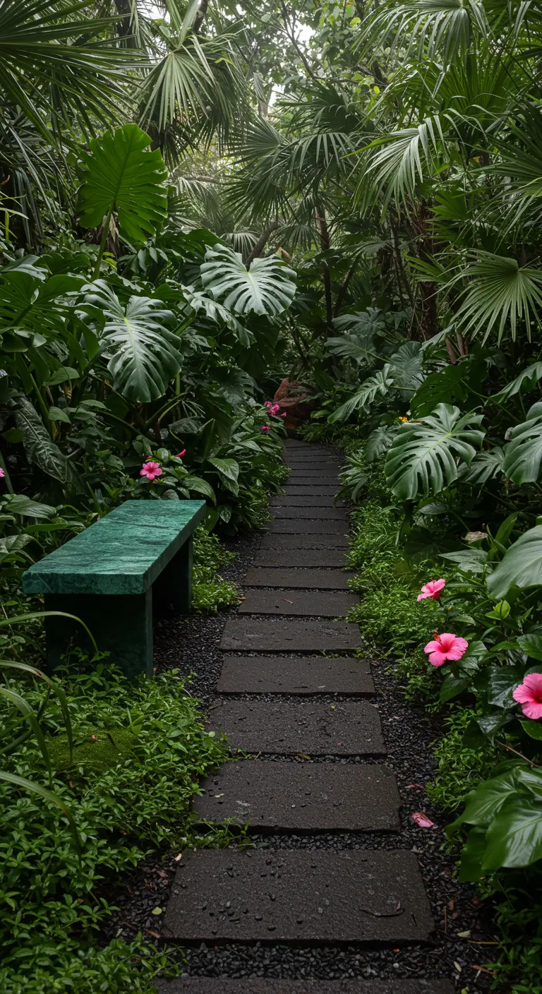 Sendero oscuro en un jardín tropical exuberante con un banco pintado de verde intenso.