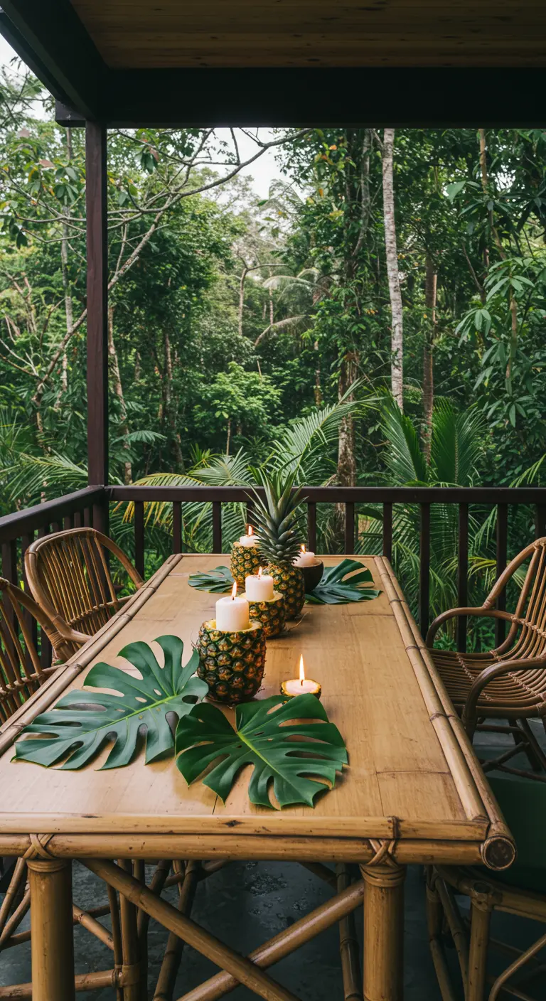 Balcón en la jungla con mesa de bambú, velas en piñas y grandes hojas de monstera.