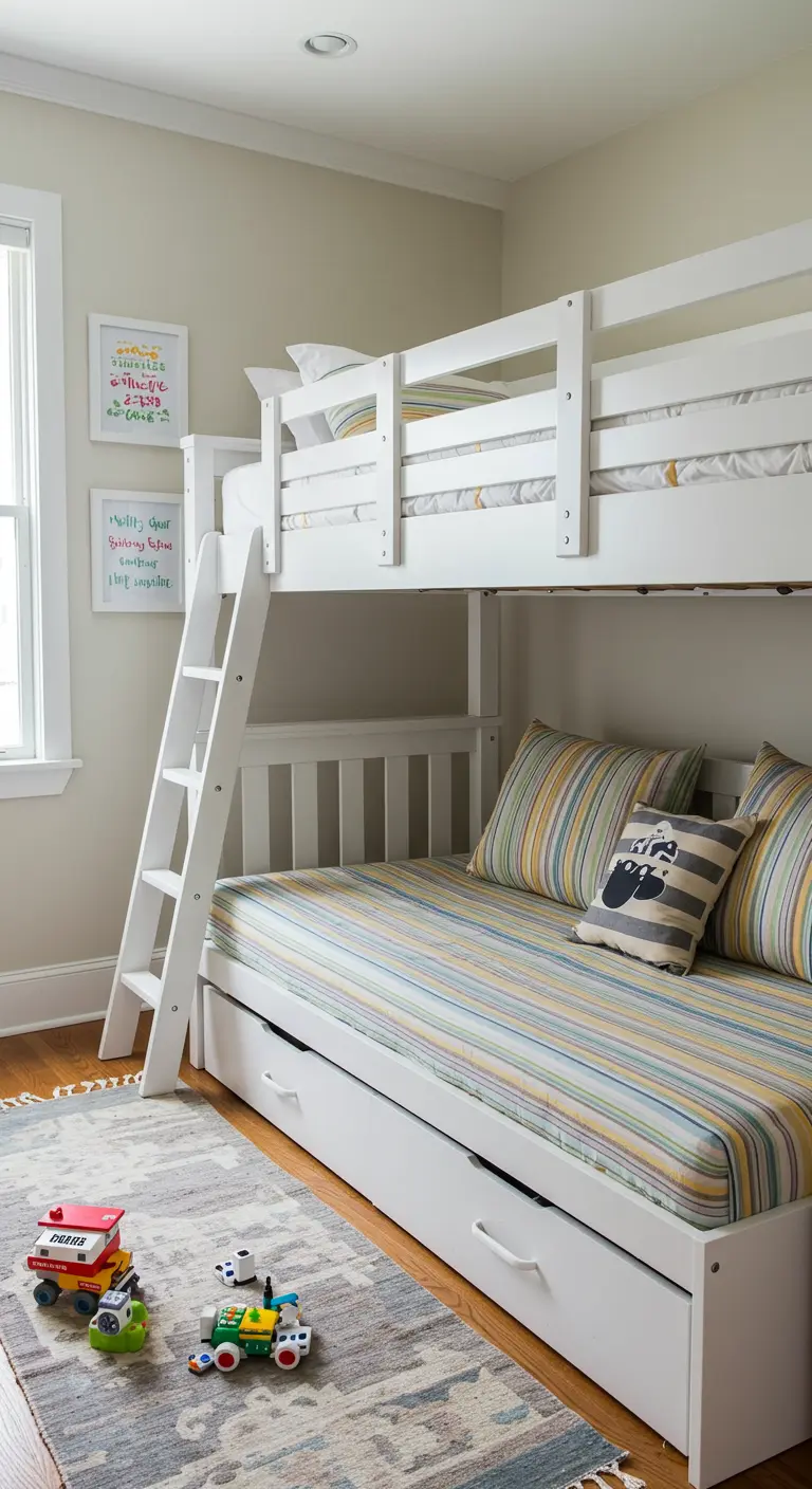 Litera de madera blanca con una cama nido inferior que funciona como sofá en una habitación infantil.