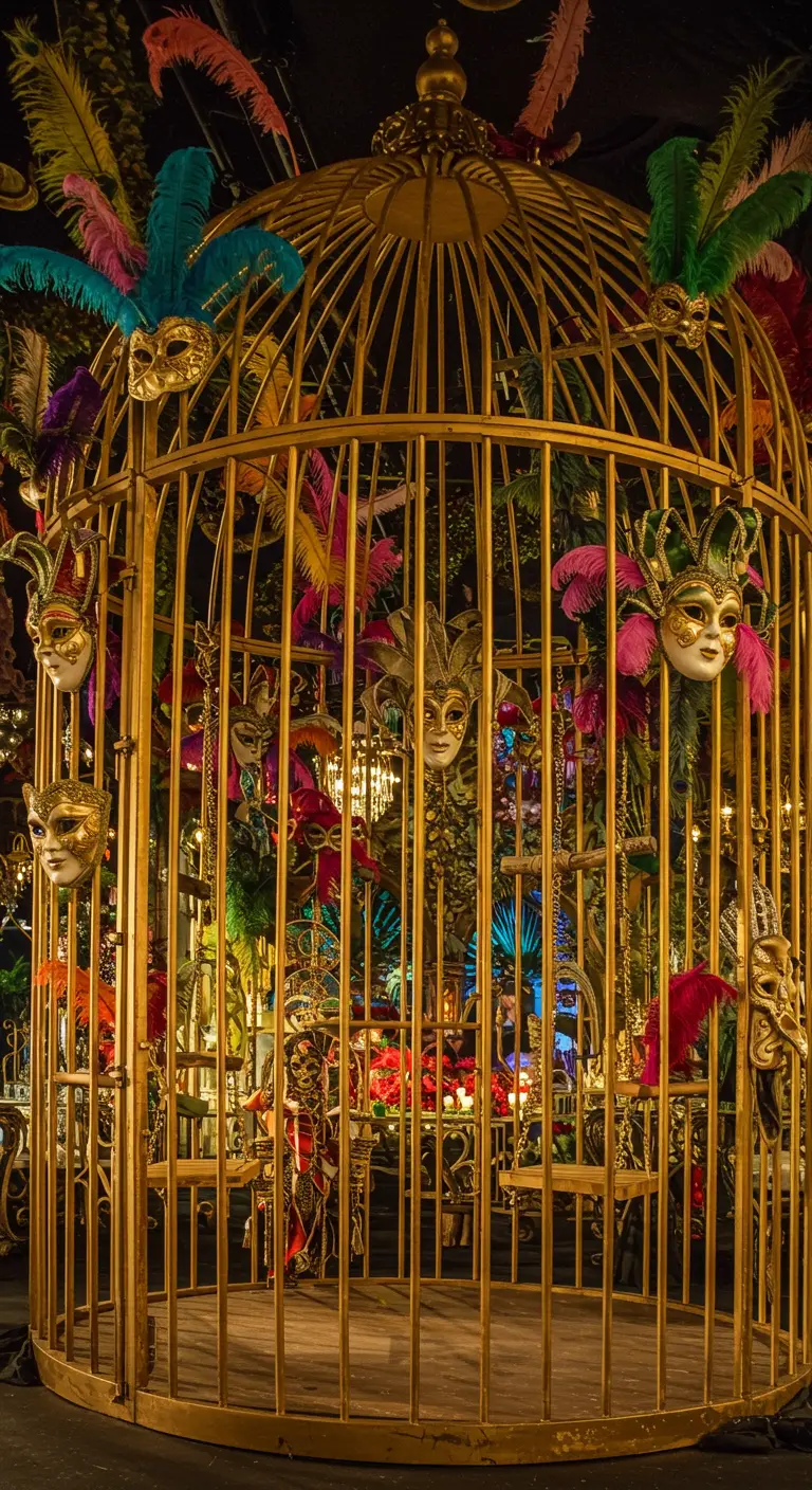 Gran jaula dorada llena de máscaras venecianas de colores y plumas, como una instalación artística.