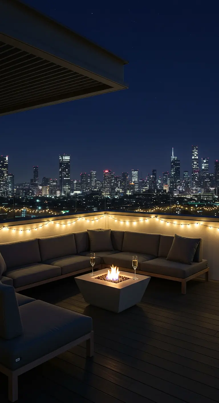 Moderna azotea con un gran sofá en L, un fogón central y vistas panorámicas a la ciudad de noche.