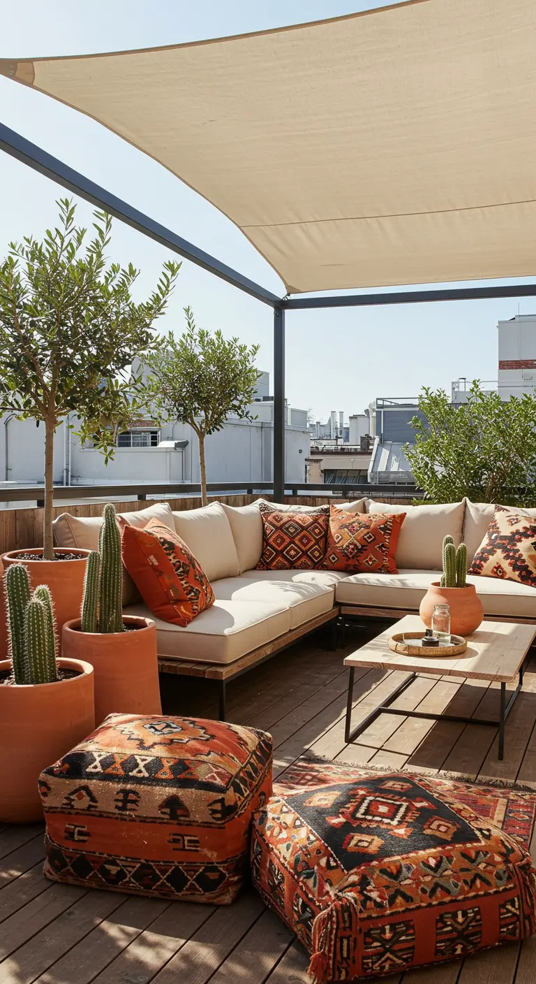 Terraza moderna con pérgola de lona, sofás claros y cojines y pufs con estampados étnicos.