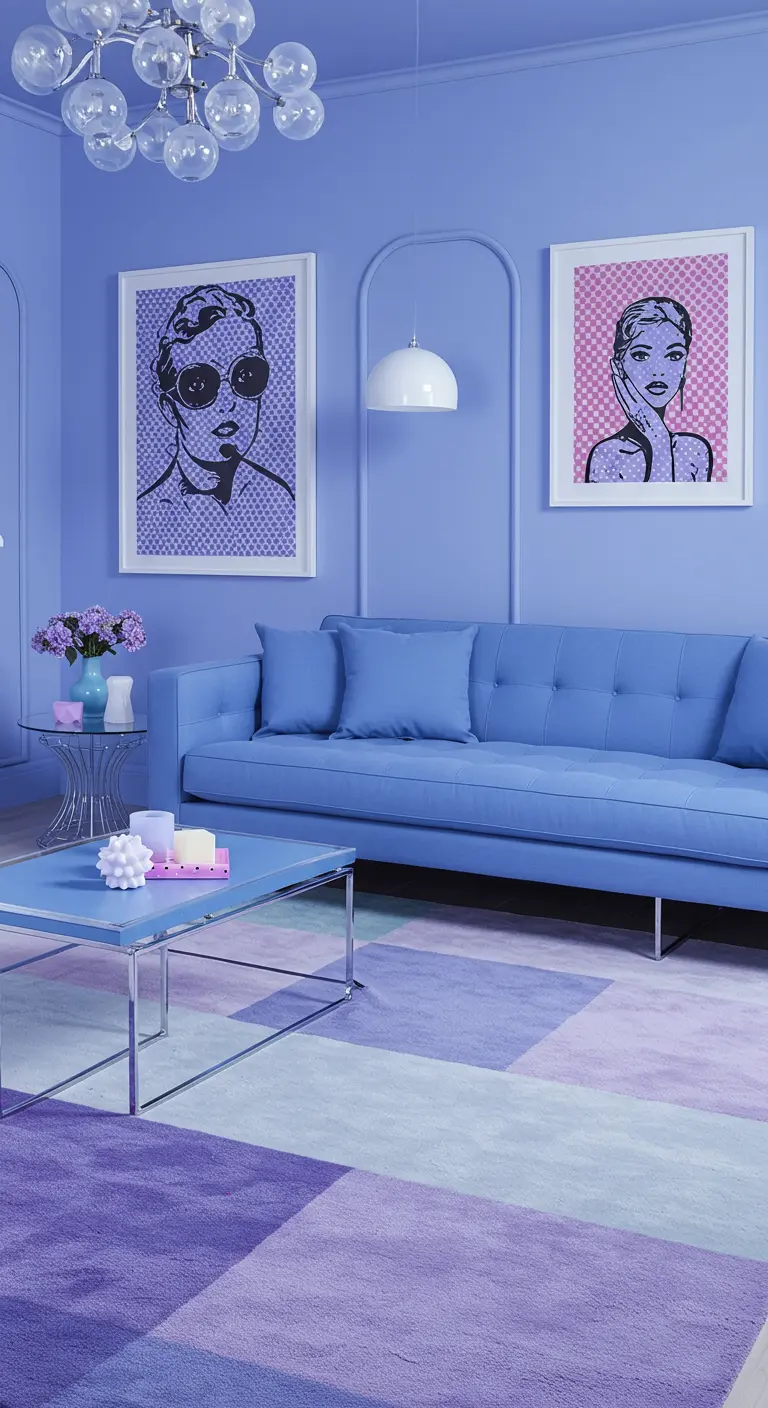 Sala de estar de estilo Pop Art en tonos azul bígaro con cuadros y alfombra geométrica.