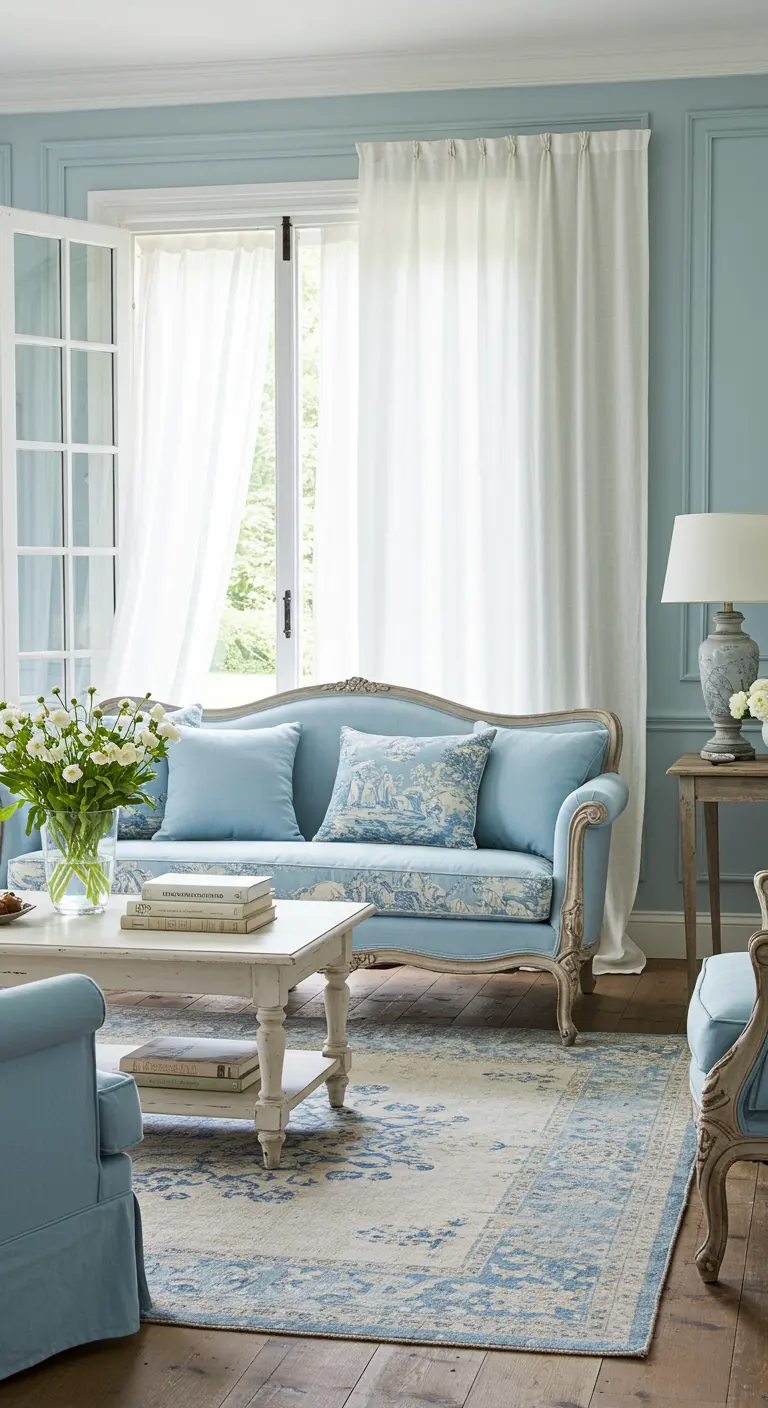 Sala de estar de estilo provenzal en azul celeste con sofá clásico y estampado de toile de Jouy.