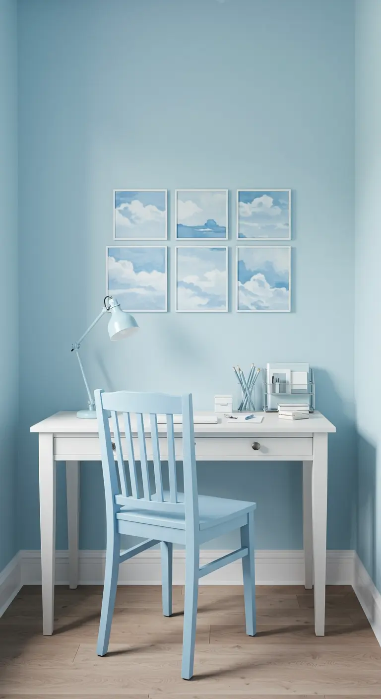 Oficina en casa en azul cielo con escritorio blanco y cuadros de nubes.