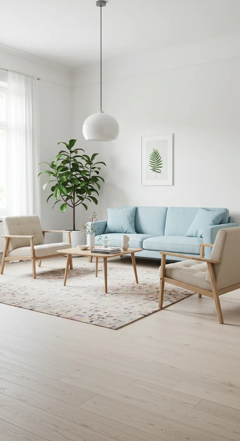 Sala de estar minimalista con sofá azul pastel, sillas de madera y una planta alta.