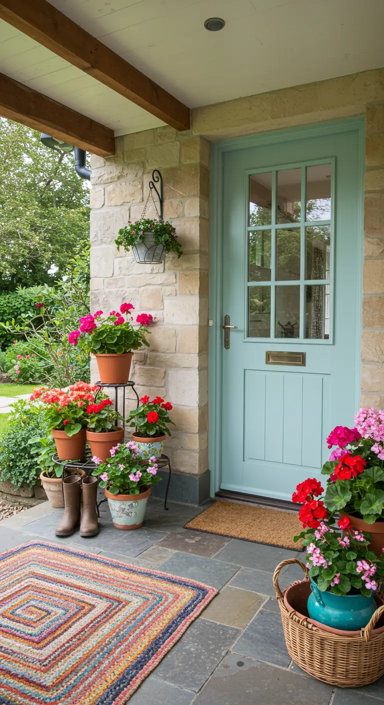 Porche de estilo cottage con puerta azul cielo, pared de piedra y geranios en macetas.