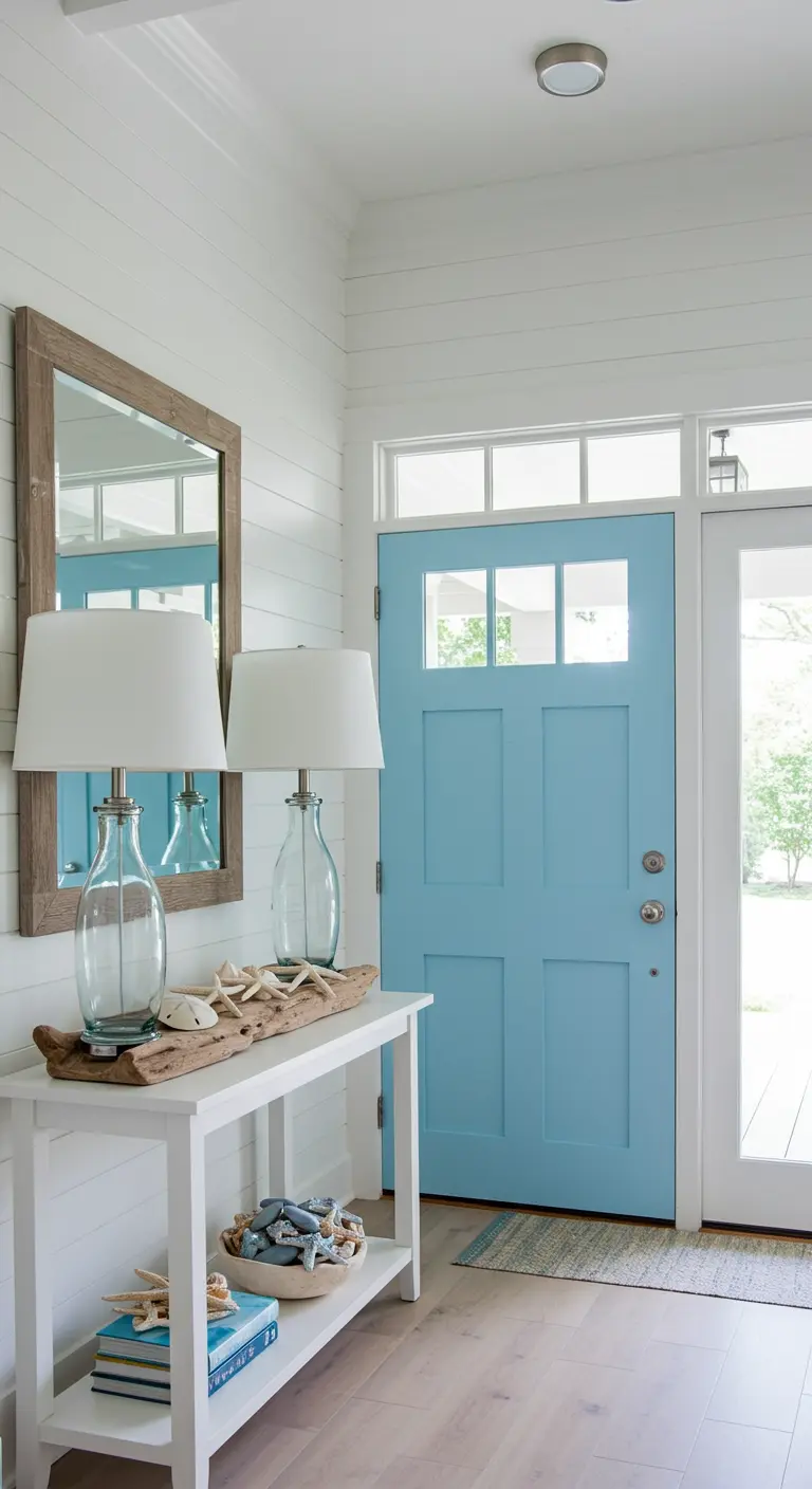 Entrada con paredes de lamas blancas, puerta azul intenso y lámparas de cristal.