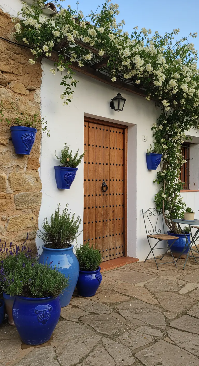 Fachada rústica con macetas de cerámica azul cobalto y plantas aromáticas como lavanda.