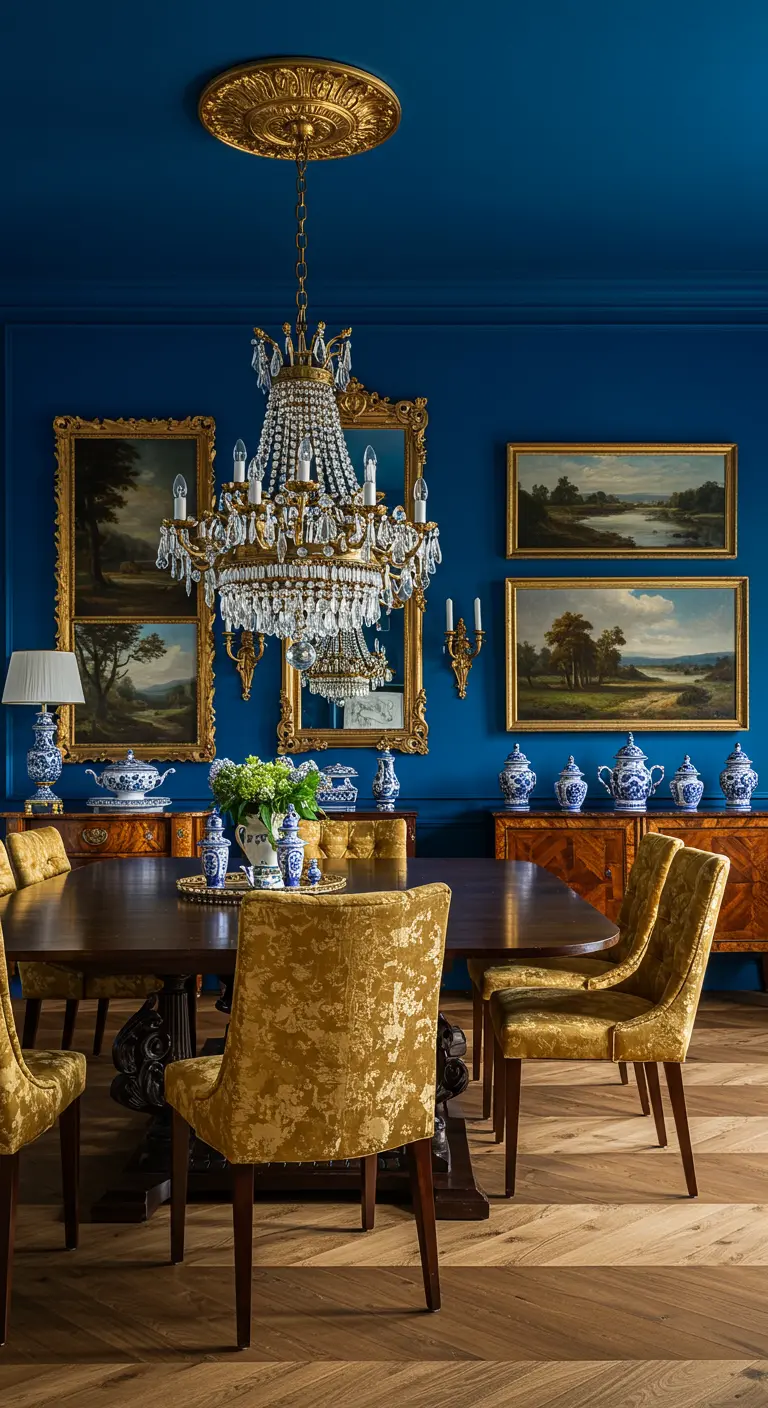 Comedor elegante con paredes azul cobalto, marcos dorados y sillas de terciopelo mostaza.