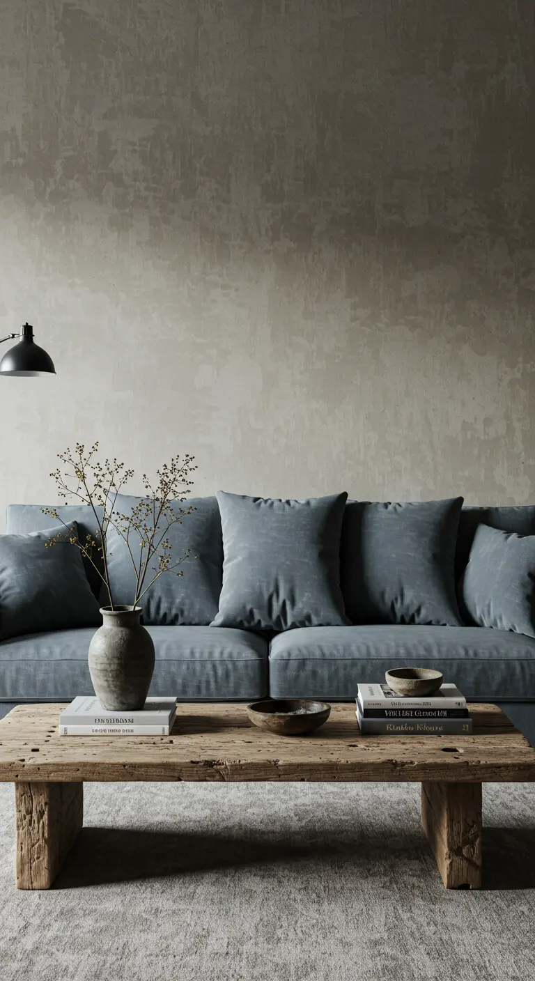 Salón rústico-moderno con sofá de terciopelo azul empolvado y una robusta mesa de centro de madera recuperada.