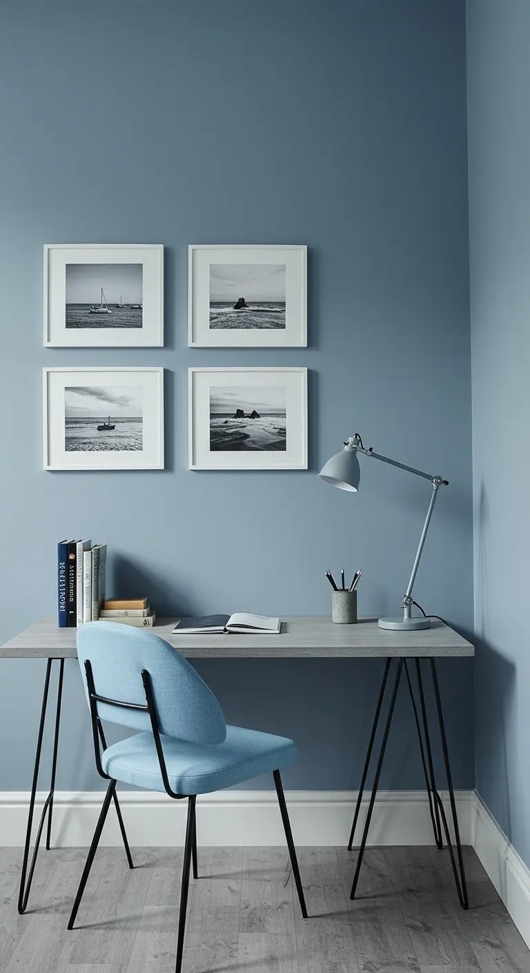 Zona de estudio en azul grisáceo con silla azul y galería de fotos en blanco y negro.