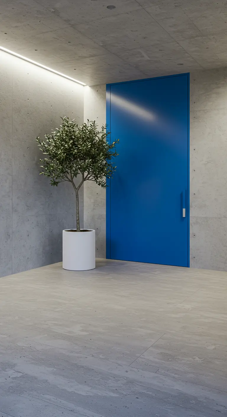 Entrada minimalista con una imponente puerta lisa de color azul Klein y un olivo.