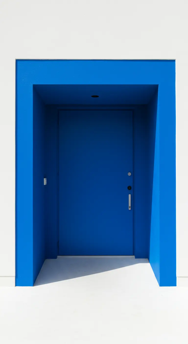Entrada de porche con el interior completamente pintado de un vibrante azul Klein, sobre fachada blanca