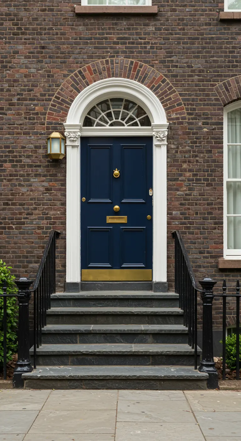 Puerta de entrada de color azul marino con herrajes dorados, enmarcada en blanco sobre fachada de ladrillo