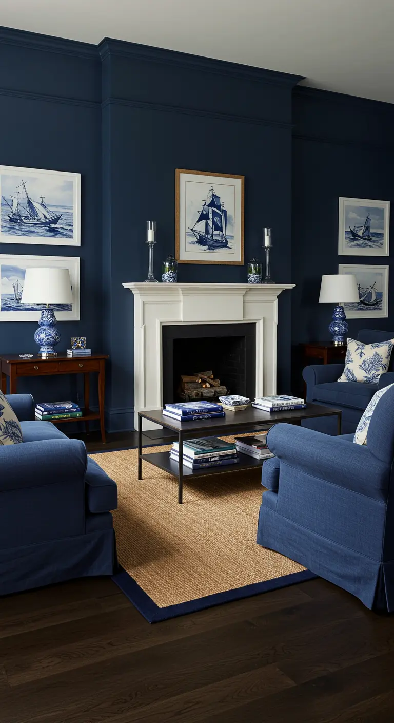 Sala de estar de estilo náutico sofisticado en azul marino con chimenea blanca y arte marino.