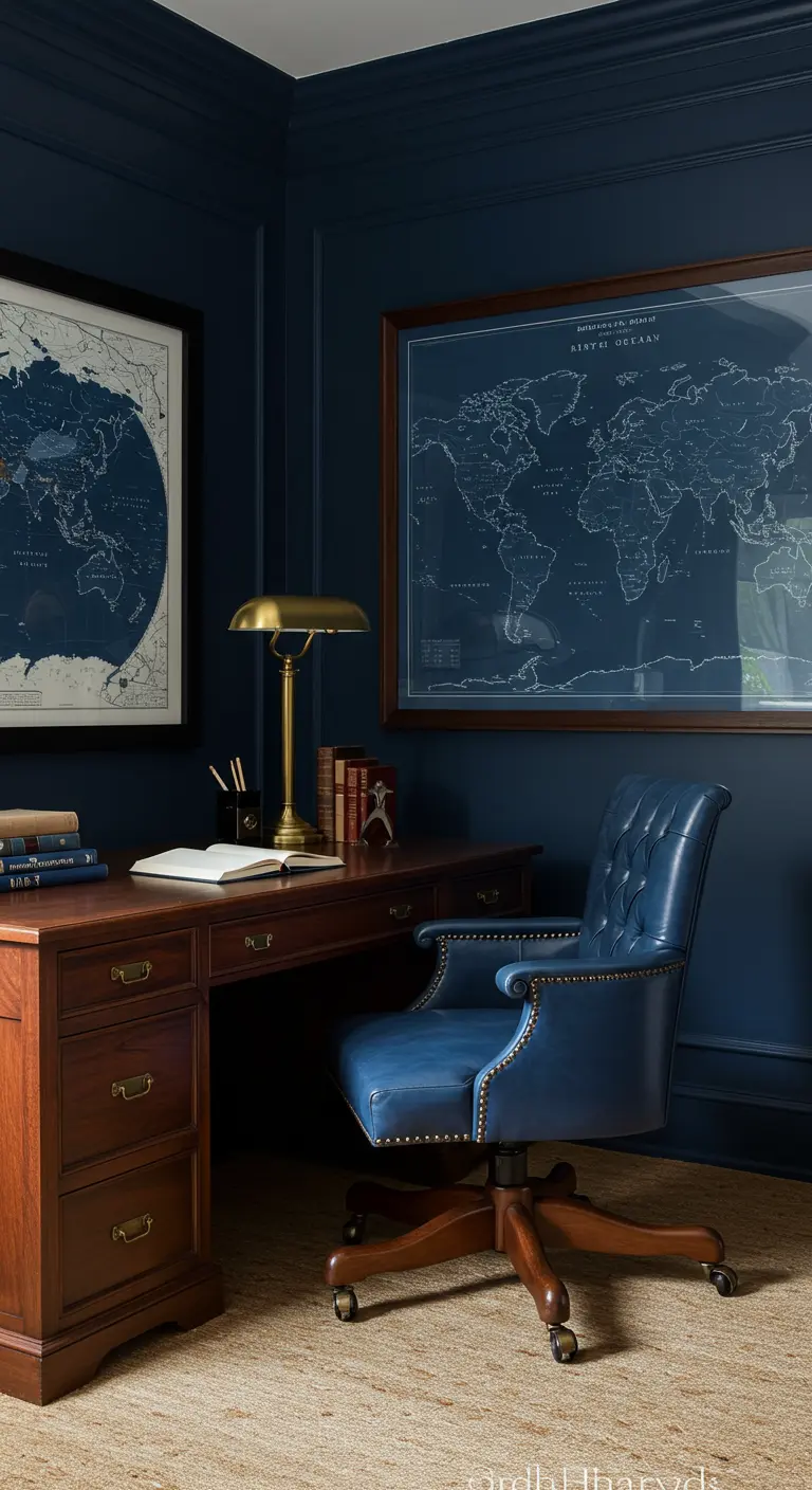 Despacho clásico en azul marino con escritorio de madera y silla de cuero azul.