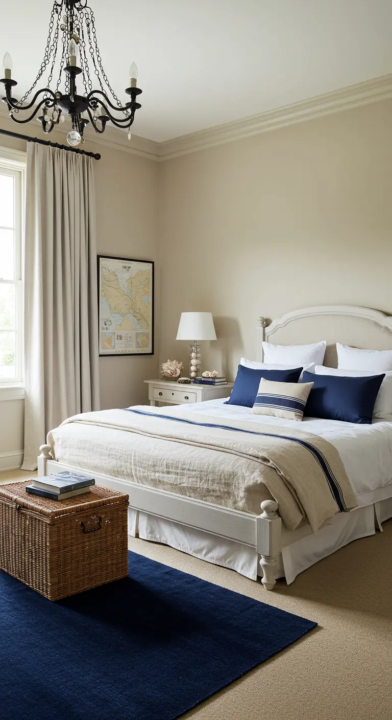 Dormitorio de estilo costero con paredes beige, cama blanca y acentos en azul marino y mimbre.