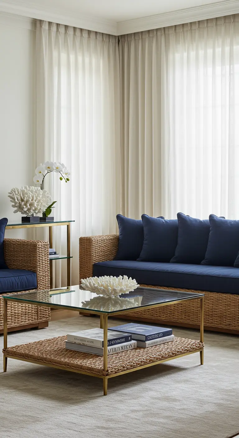 Salón costero elegante con muebles de ratán, cojines azul marino y mesa de centro dorada.