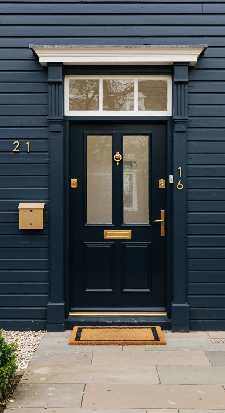 Fachada de color azul marino con una puerta negra y múltiples herrajes dorados.