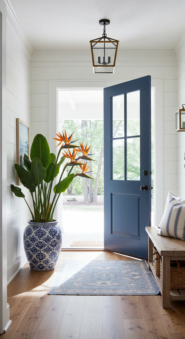 Entrada de estilo costero con puerta azul marino y gran maceta de cerámica estampada.