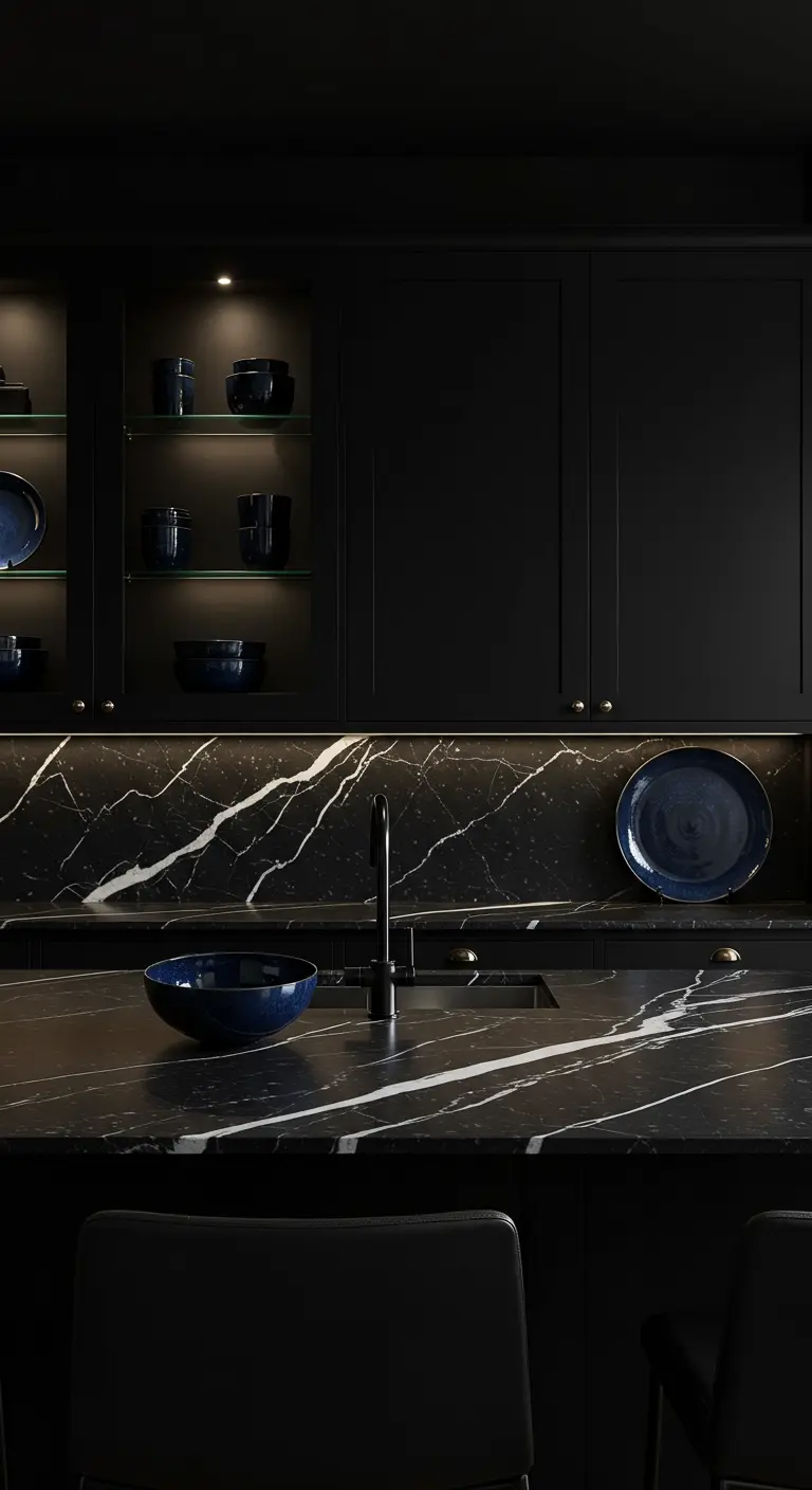 Cocina negra de lujo con encimera de mármol y detalles de cerámica azul oscuro.