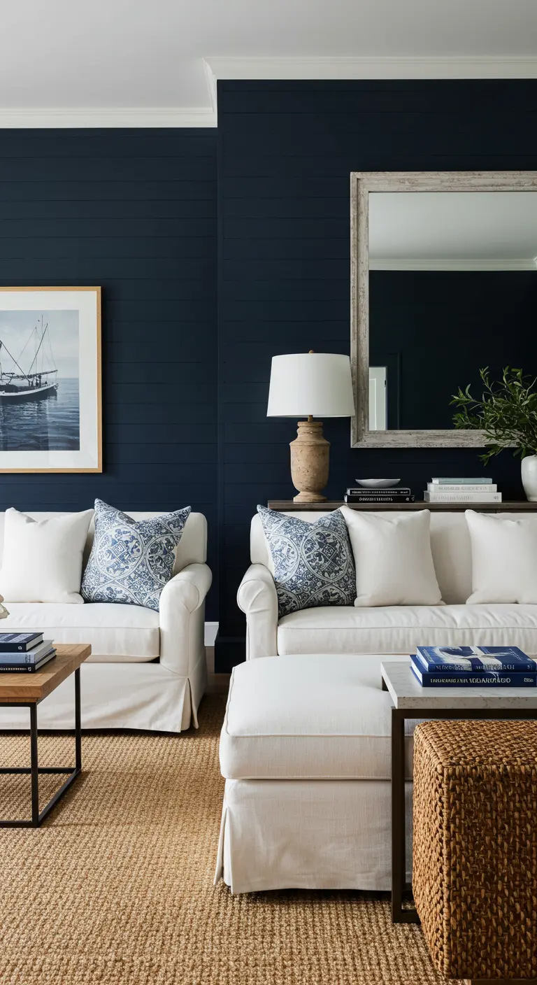 Sala sofisticada con pared de shiplap azul marino, sofás blancos y espejo con marco de madera