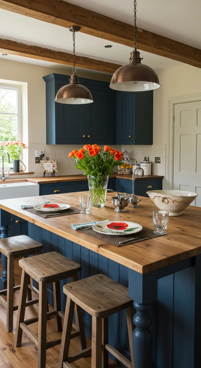 Cocina con isla y muebles en azul marino, encimera de madera y lámparas colgantes de cobre.