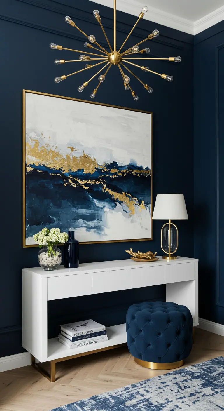 Entrada en azul oscuro con un gran cuadro abstracto con toques dorados y una consola blanca.