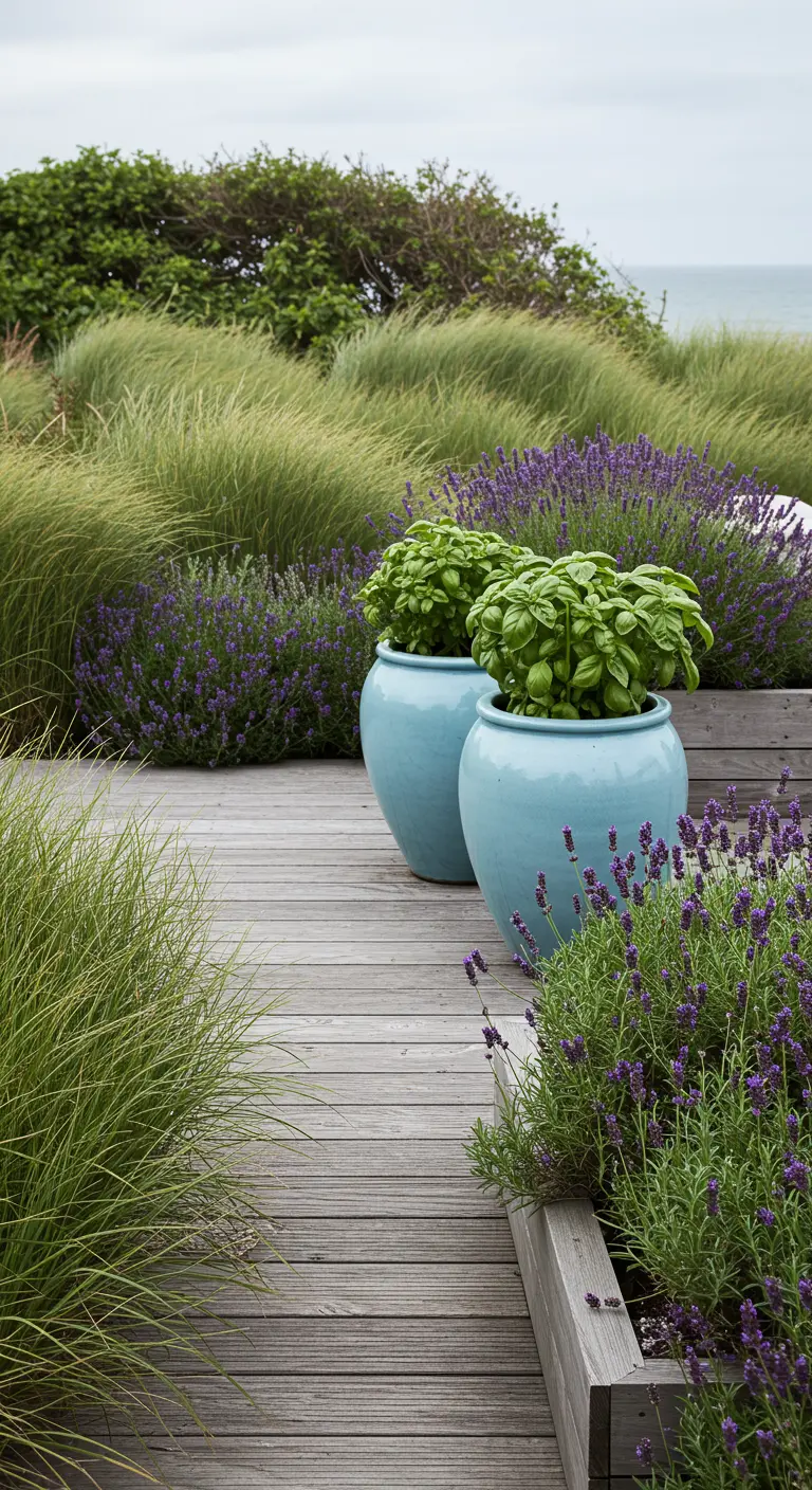 Macetas de cerámica azul brillante con albahaca en una terraza de madera junto al mar y lavanda