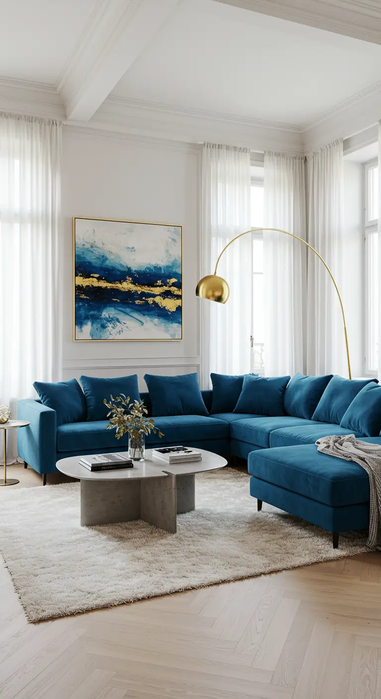 Sofá esquinero de terciopelo azul petróleo en un salón luminoso con arte abstracto y lámpara de arco.