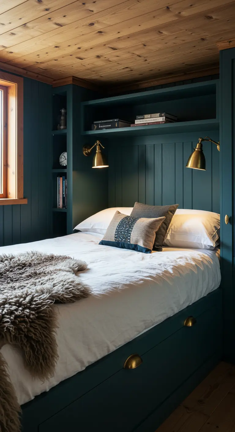 Dormitorio con cama y estanterías empotradas en color azul petróleo y apliques dorados.