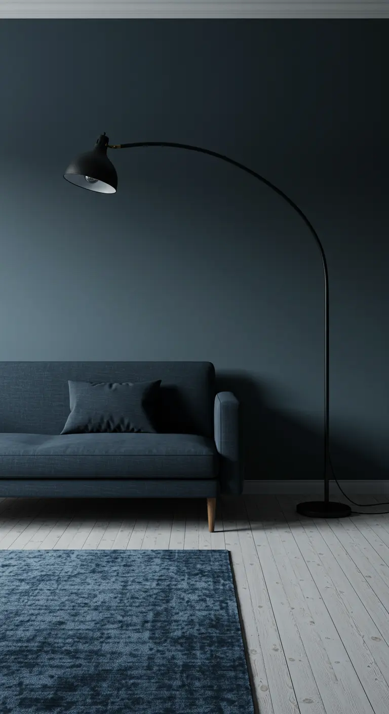 Sala de estar minimalista en azul petróleo con un sofá de líneas simples y lámpara de arco negra.