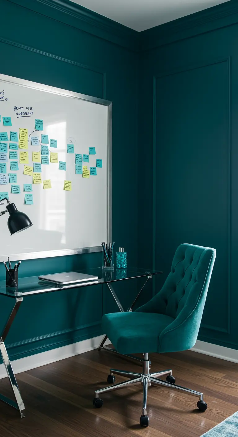 Oficina moderna en azul petróleo con silla de terciopelo y escritorio de cristal.
