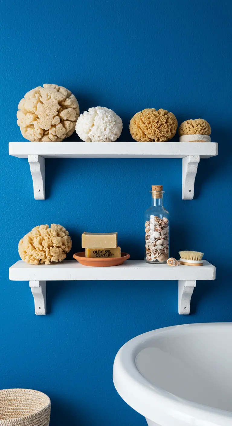Estanterías blancas con ménsulas sobre una pared azul intenso, decoradas con esponjas marinas.