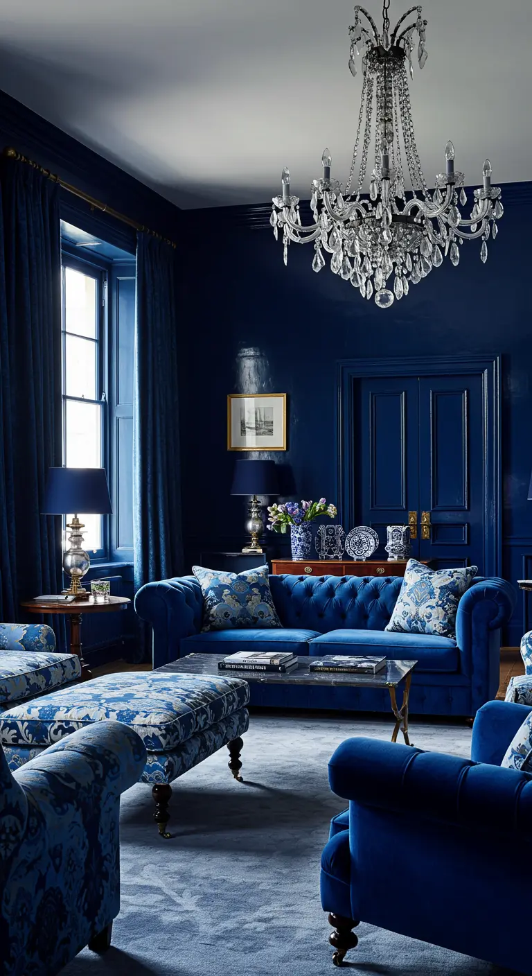 Sala de estar clásica y opulenta en azul real con sofá de terciopelo y lámpara de cristal.