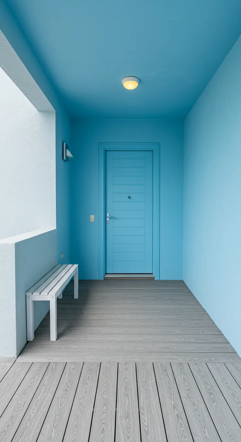 Porche estrecho y alargado completamente pintado de azul intenso, con suelo de tarima gris y banco blanco