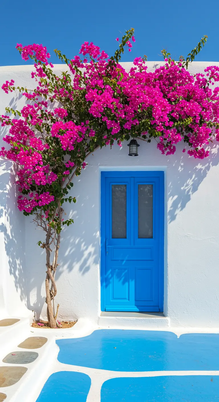 Puerta azul brillante en una pared blanca con una buganvilla fucsia trepando al lado